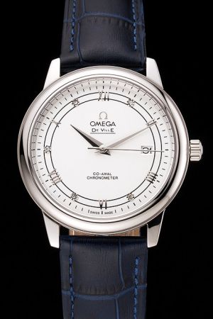 Men’s Omega De Ville Co-Axial Prestige Rotund Case Stick/Roman/Diamond Scale Dauphine Hand Blue Strap Quartz Watch