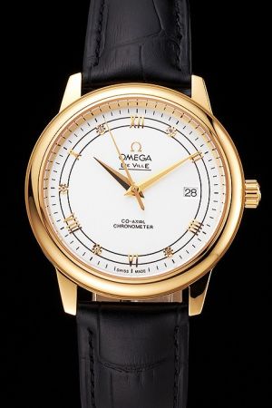 Luxury Men’s Omega De Ville Co-Axial Prestige Yellow Gold Case/Pointer White Dial Roman/Diamond Hour Scale Watch 424.23.40.20.58.001