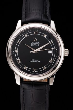 Omega De Ville Co-Axial Prestige Silver Case Black Dial&Strap Diamond/Roman/Stick Scale Dauphine Hand Rep Watch 424.13.40.20.06.001