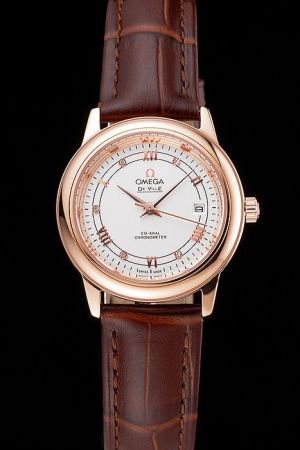 Women’s Omega De Ville Co-Axial Prestige Rose Gold Case Stick/Diamond/Roman Scale Brown Strap Quartz Watch