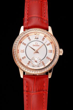 Lady Omega De Ville Rose Gold Case Diamonds Bezel White Concentric Dial Diamond/Roman Marker Red Strap Watch