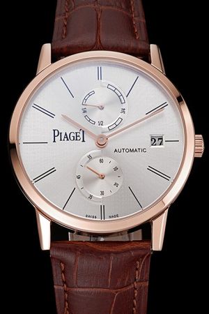 Fake Piaget Altiplano Rose Gold Case Silver Dial Stick Hour Scale Baton Hand Two Sub-dials Automatic Date Watch