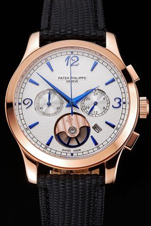 PP Chronograph Rose Gold Case Guilloche Dial Blue Scale&Pointer Black Textured Strap Watch