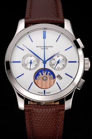 PP Chronograph Silver Case Blue Pointer&Stick Marker Two-tone Tourbillon Sub-dial Watch
