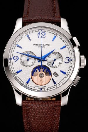 PP Chronograph White Guilloche Dial Blue Scale&Pointer Brown Textured Band Watch