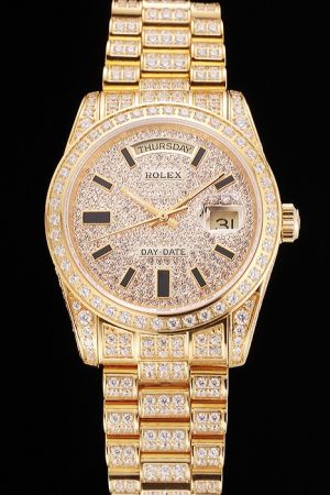 Men’s Rolex Day-date 18k Gold Full-set Diamonds Case/Dial/Bracelet Hour Scale With Black Coating Stick Hands Swiss Watch