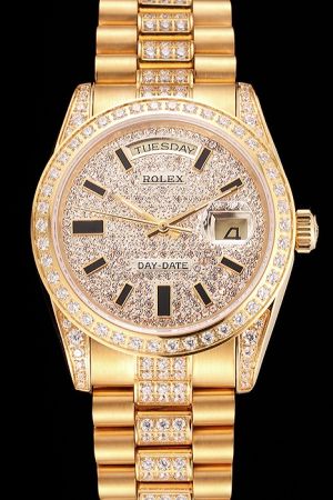 Swiss Rolex Day-date Diamonds Case/Dial/Bracelet Stick Scale With Black Coating 18K Yellow Gold Stainless Steel Week Date Watch