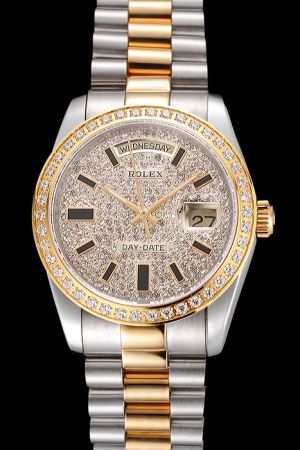Luxury Rolex Day-date Full Diamonds Bezel/Dial Gold Stick Scale With Black Coating Two-tone Bracelet Week Date Unisex Watch