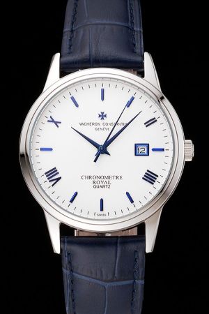 VC Patrimony Chronometre Royal Double Bezel White Dial Blue Hands&Stick Roman Marker Blue Strap Watch