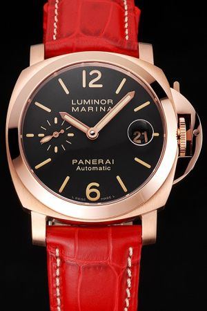 swiss panerai luminor marina pam00048 black dial red leather strap mens  watch pn140