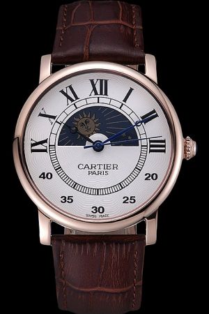 Men's Cartier Moonphase W1556243 Rose Gold SS Business Watch KDT174 Brown Leather Strap