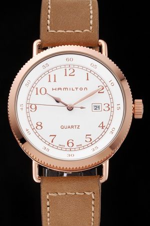 Hamilton Navy 2017 New Collection H78205553 White Dial Rose Gold Case Brown Leather Strap Watch HM006