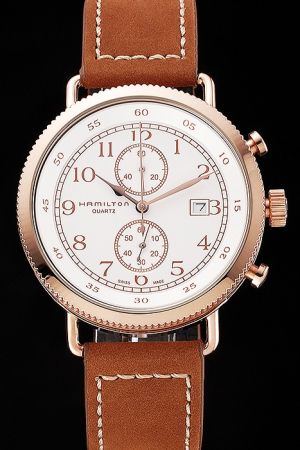 Hamilton Khaki Navy Pioneer Chrono White Dial Gold Case Light Brown Strap Antique Watch HM013