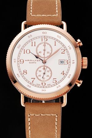 Hamilton White Dial Gold Case Tan Leather Strap Chronograph Watch Replica For Interviews HM014