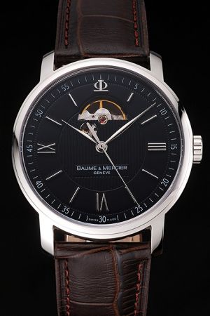 Baume & Mercier Classima Black Dial Brown Leather Strap Watch MOA08689 With Open Balance BM005