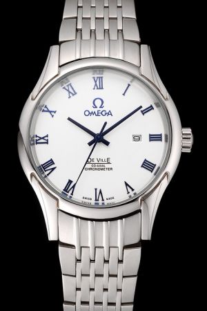 Fake Omega De Ville Co-Axial Stainless Steel Case/Bracelet White Dial Blue Roman Scale/Stick Pointer Men Date Watch