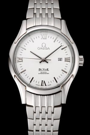 Men Omega De Ville Co-Axial Silver Steel Case/Bracelet White Dial Roman/Stick Scale Stick Pointers Quartz Watch