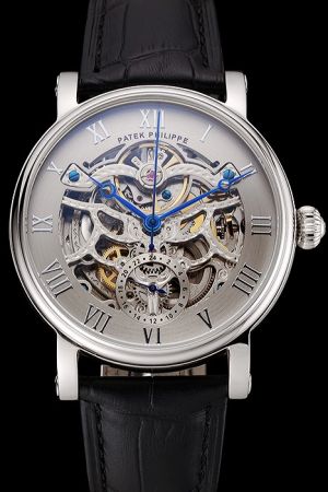 Rep PP Grand Complications Silver Skeleton Dial Blue Pointer Roman Scale Watch