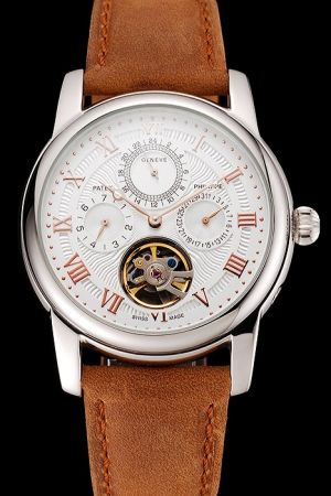 PP Grand Complications Tourbillon White Dial Rose Gold Roman Scale Brown Band Watch
