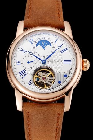 Fake PP Grand Complications Tourbillon Moonphase Rose Gold Case Blue Roman Scale Watch