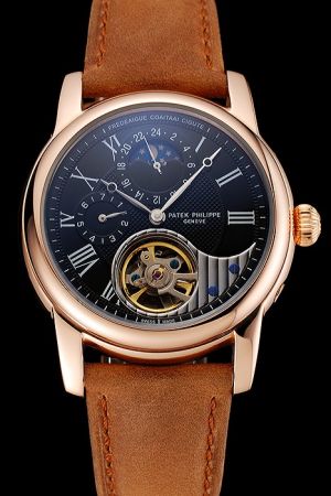 PP Grand Complications Tourbillon Moonphase Rose Gold Case Roman Scale GMT Watch