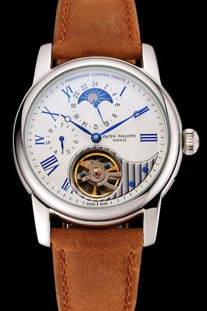 Patek Philippe Grand Complications Tourbillon Moonphase Blue Marker Brown Strap Watch