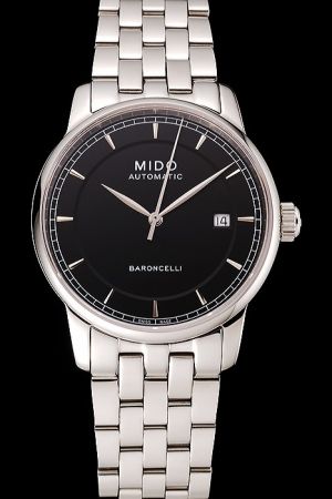 Rep Mido Baroncelli Thin Bezel Black Concentric Face Stick/Track Marker Silver Leaf-shaped Pointer Men Date Swiss Watch M8600.4.13.1