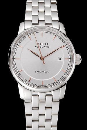 Men’s Swiss Mido Baroncelli Stainless Steel Case Silver Concentric Dial Stick/Track Scale Gold Leaf-shaped Hand Steel Bracelet Watch M8600.4.10.1