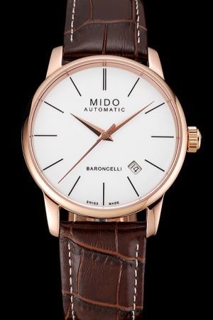 Swiss Mido Baroncelli Rose Gold Case/Pointers White Face Stick Hour Marker Brown Strap Auto Men Watch