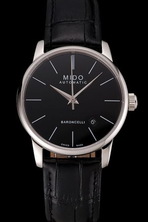 Swiss Mido Baroncelli Glossy Case Thin Bezel Black Dial/Strap Stick Hour Scale Silver Dauphine Hand Automatic Date Watch M8600.4.78.4