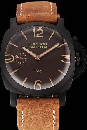 Panerai Luminor 1950 Brown Leather Strap Male Black PVD Automatic Fake Watch PN160