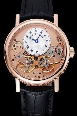 Breguet Tradition 7027 Off-centred White Dial Sapphire Caseback Gold Watch With Black Strap BT013