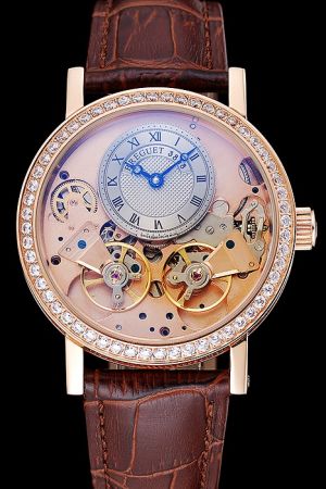 Breguet Tradition Dame 7038 Rose Gold Case With Diamonds Brown Leather Strap Watch BT018