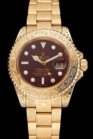Rolex Submariner Yellow Gold Embossed Pattern SS Watch Body Brown Face Luminous Marker Mercedes Hands Swiss Quality Watch