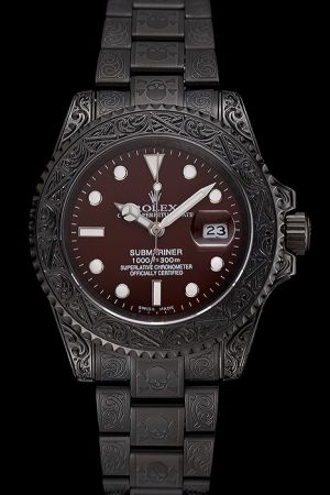 Swiss  Rolex Submariner Black PVD Embossed Pattern Case/Bezel/Bracelet Brown Dial Luminous Scale/Hand Watch