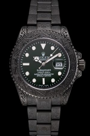 Swiss Quality Rolex Submariner Black Embossed Pattern Case/Bezel/Bracelet Green Dial Luminous Scale/Index Date Calendar Window Watch