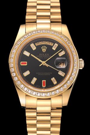 Swiss Rolex Day-date Diamonds Bezel Black Face Gem/Rubies Hour Scale Stick Hand Week/Date Display 18k Gold Plated SS Watch