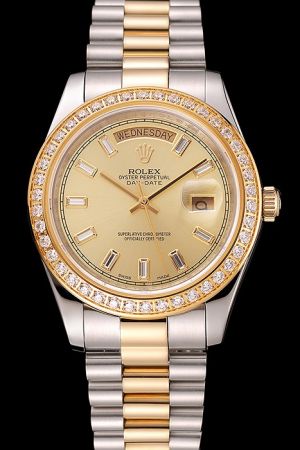Swiss Men’s Rolex Day-date Gold Diamonds Bezel Gold Dial/Hand Gems Marker Two-tone Steel Bracelet Week Date SS Watch Ref.228398TBR