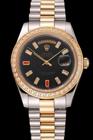 Rep Rolex Day-date Gold Bezel With Diamonds Inlaid Black Dial Gems/Rubies Scale Week/Date Display Two-tone Bracelet Dressing Watch