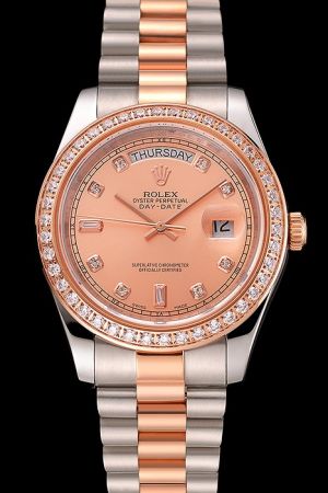 Girls Rolex Day-date Rose Gold Diamonds Bezel/Stick Hands Diamonds Hour Scale Week/Date Display Two-tone Steel Bracelet Watch