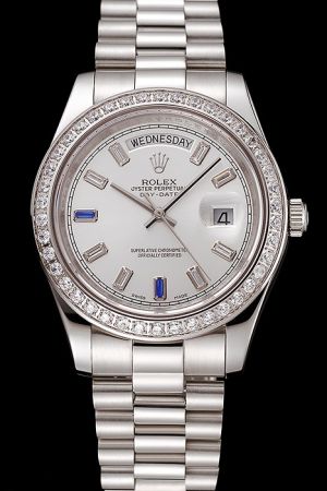 Swiss Rolex Day-date Silver Diamonds Bezel Gems Hour Scale Stick Pointers Week Display SS Bracelet Date Male Watch