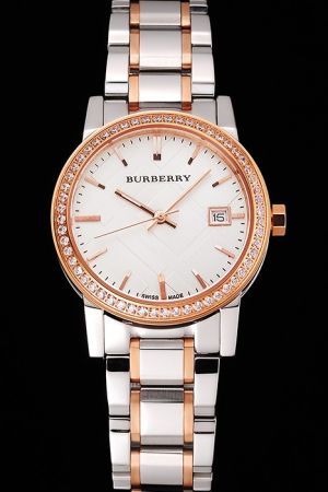 Burberry White Dial Gold Diamond Bezel Two-tone Bracelet Women's Watch With Flawless Details BU022