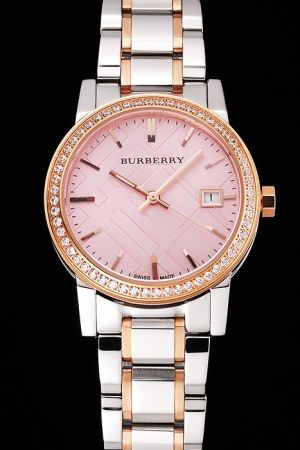 Burberry BU9205 Pink Check Stamped Dial Diamond Bezel Stainless Steel Two Tone Bracelet Watch BU023