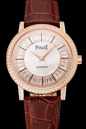 Latest Piaget Altiplano Full-set Diamonds Rose Gold Case/Hands Pearl Dial With Diamonds Inlay Brown Strap Automatic Lady Watch