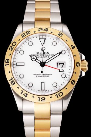 Swiss Rolex Explorer 42mm Gold Tachymeter Bezel White Dial Luminous Scale Mercedes Hands Red Index Two-tone SS Watch