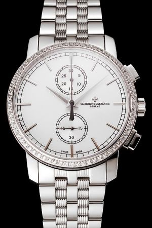 Rep VC Patrimony Traditionnelle Chronograph Thin Diamonds Bezel Stick Track Marker Stainless Steel Bracelet Lady Watch