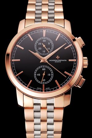 Swiss VC Patrimony Traditionnelle Chronograph Rose Gold Case Black Dial Stick Track Scale Two-tone Bracelet Women Watch