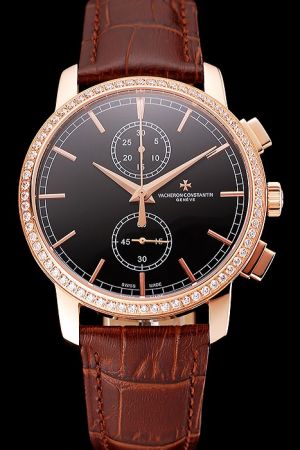 VC Patrimony Traditionnelle Chronograph Diamonds Bezel Rose Gold Case&Marker Black Dial Two Sub-dials Women Watch