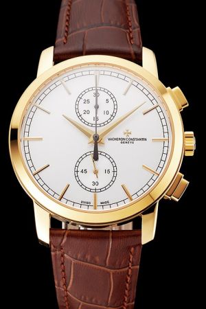 Rep VC Patrimony Traditionnelle 43mm Yellow Gold Case&Scale Two Sub-dials Dauphine Hands Chronograph Lady Watch
