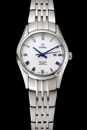 Replica Girls’ Omega De Ville Co-Axial 30mm Stainless Steel Case Blue Roman Scale/Stick Hand Steel Bracelet Watch